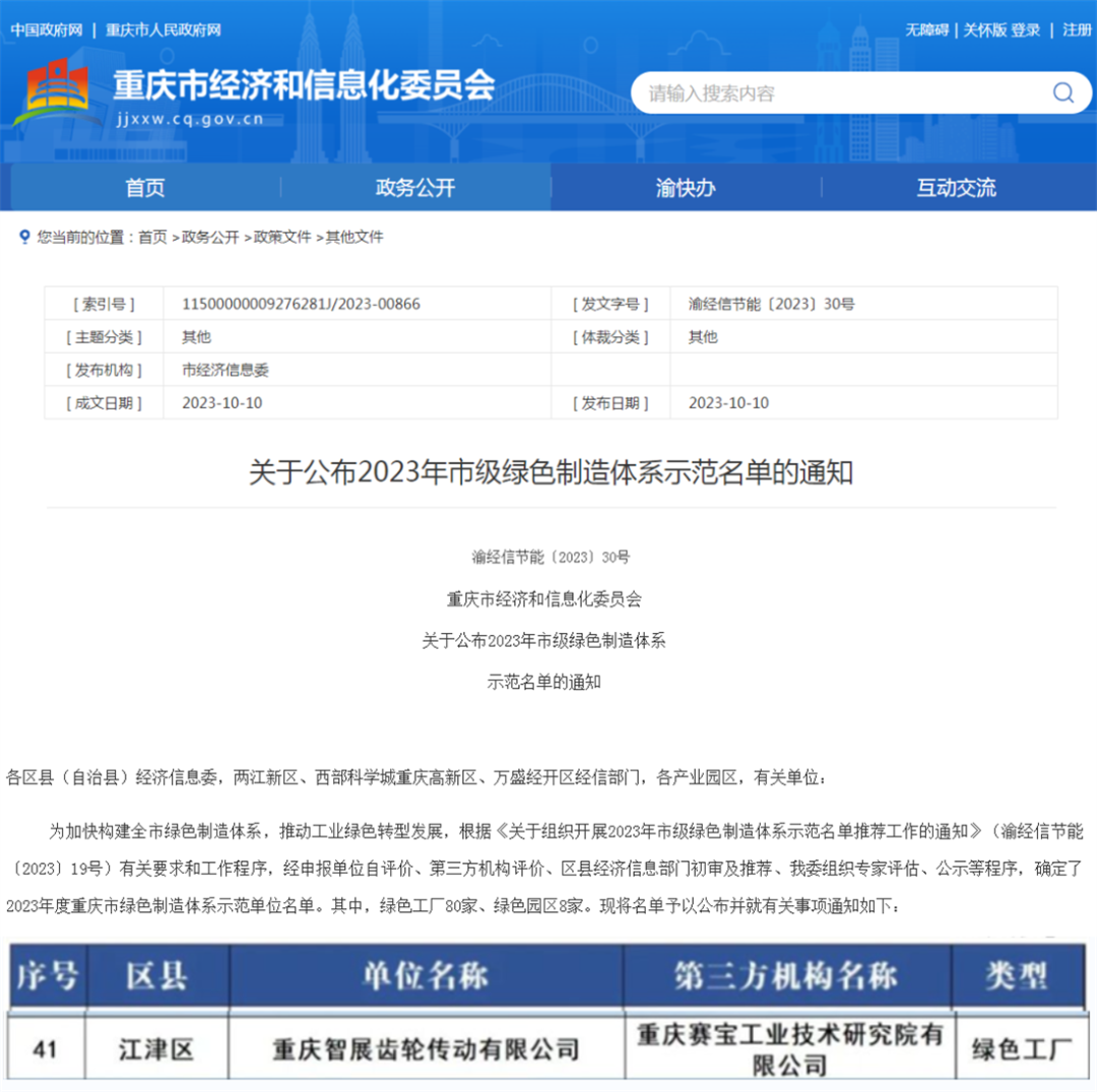 2023年市級(jí)綠色制造體系示范名單公布！重慶智展齒輪傳動(dòng)有限公司獲評(píng)“重慶綠色工廠”